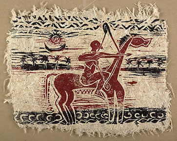 Sagittarius: Artemis—woodcut on handmade paper made from garlic stems 
