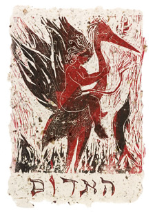 : "lilith by the red sea", woodcut on hand made paper from sea weed